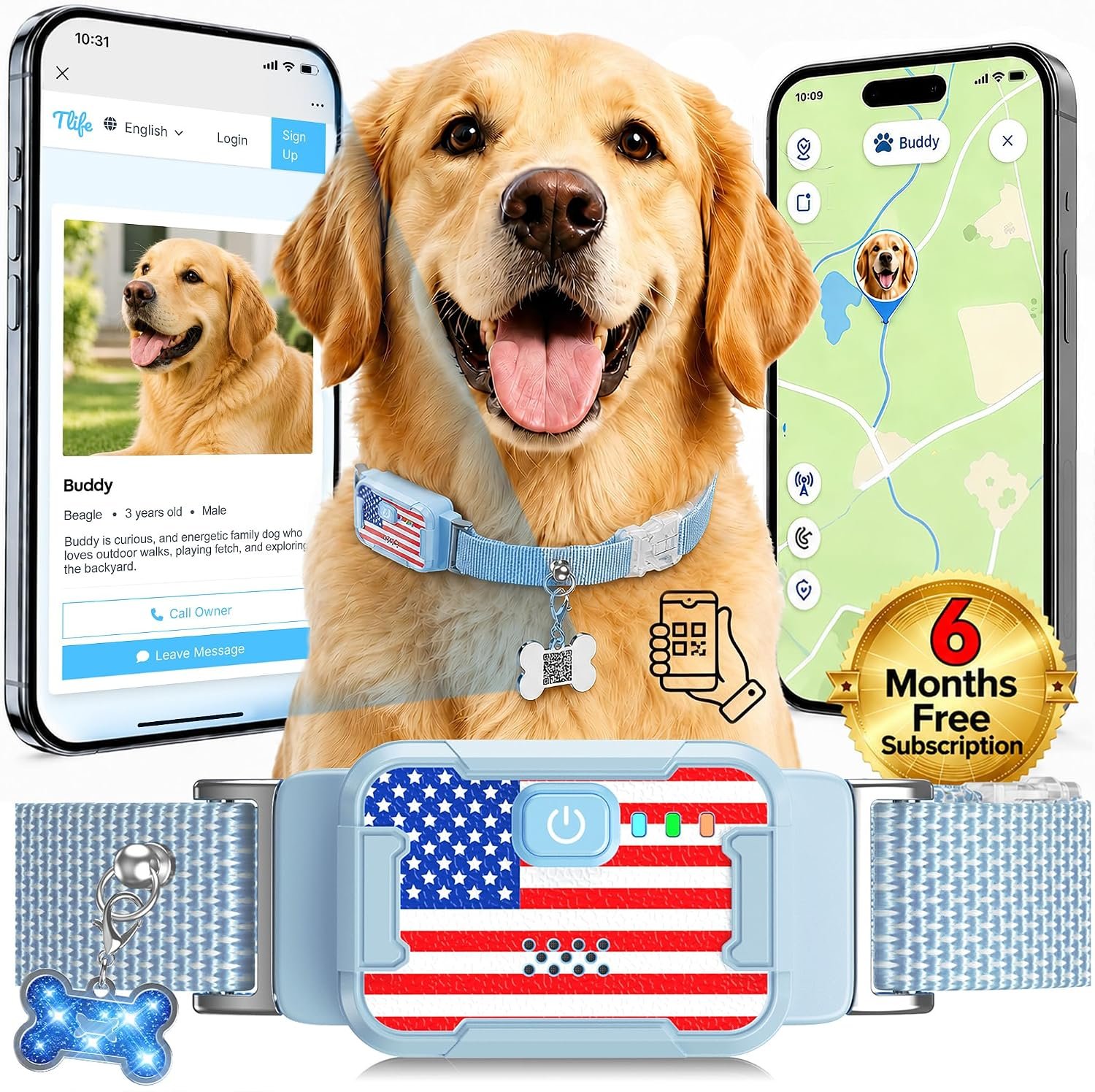 Smart Dog GPS Tracker, Complimentary 6-Month Subscription, Live Pet Tracker with Virtual Fence, Dog Tracker for Dogs with Health & Behavior Monitoring, Escape Alerts, with Virtual Fence, Blue