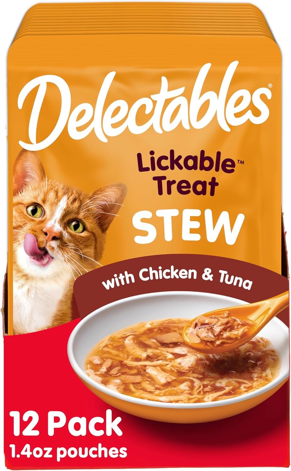 Delectables Lickable Treat Stew Wet Cat Treat with Real Chicken & Tuna, Food Topper, Hydrating, Grain-Free, No Fillers, No By-Products, No Added Preservatives, 1.4oz Pouch, 12ct