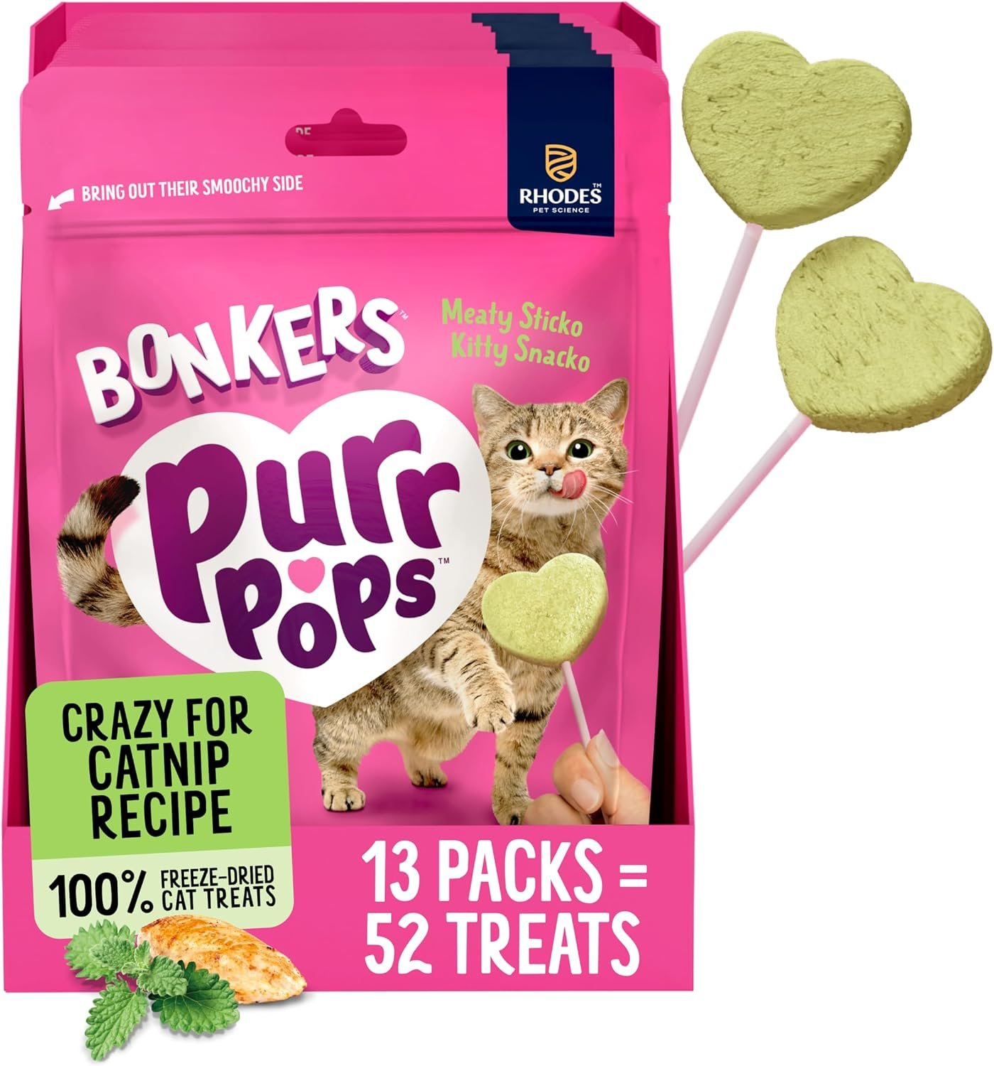 Bonkers Purrpops Freeze-Dried Catnip Flavored Lollipop Cat Treats, 4 Pieces (Pack of 13)