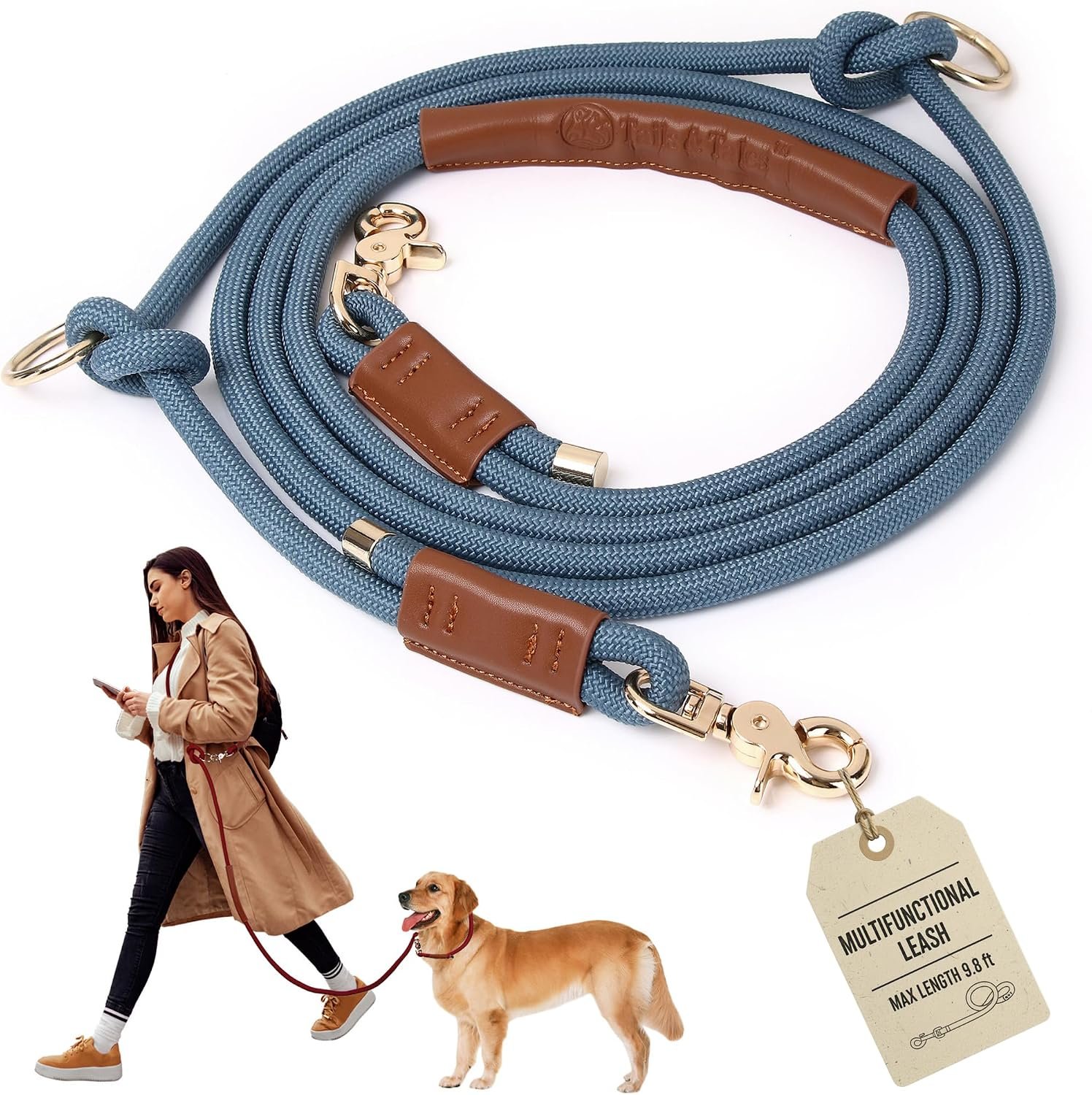 Hands Free Multifunctional Dog Leash for 1 or 2 Dogs, 9.8 ft, Tapestry Blue
