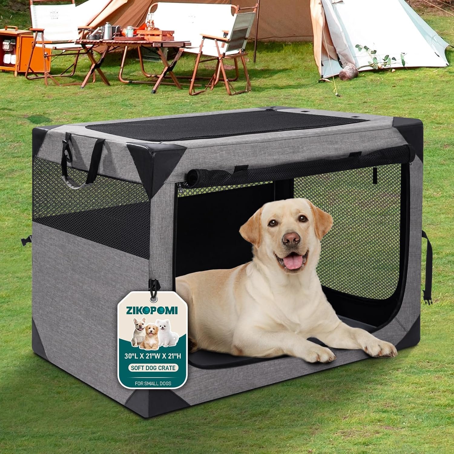 Zikopomi 30 Inch Portable Soft Foldable Dog Crate | 3 Zipper Door,Collapsible Soft Pet Kennel, Foldable Dog Cage, for Small and Medium Dogs, Indoor Outdoor Travel