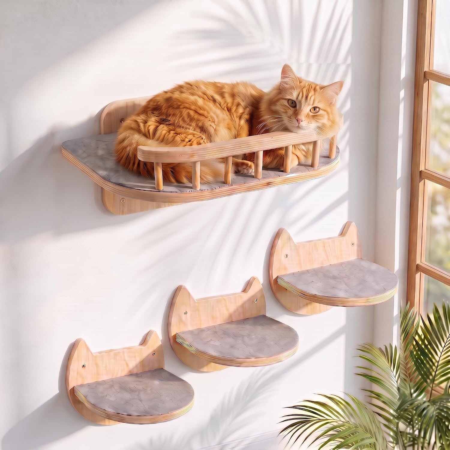 Cat Wall Shelves, Floating Bed with 3 Cat Wall Steps – Natural