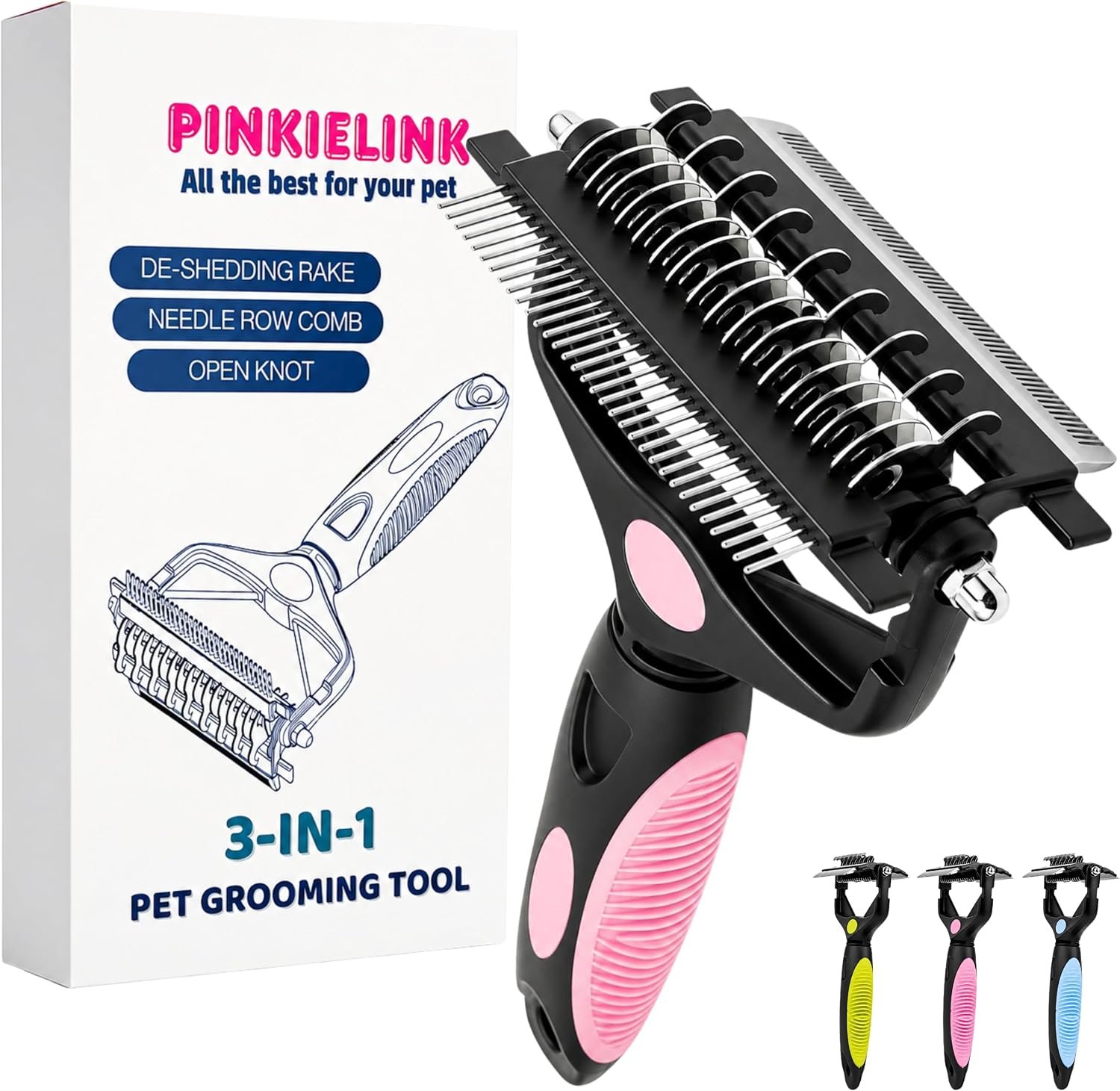 3-IN-1 Pet Grooming Tool – Undercoat Rake, Dematting Comb & Deshedding Brush for Cats, Dogs, Horses – Removes Mats, Tangles & Loose Fur, Reduces Shedding & Prevents Hair Mess (Pink)