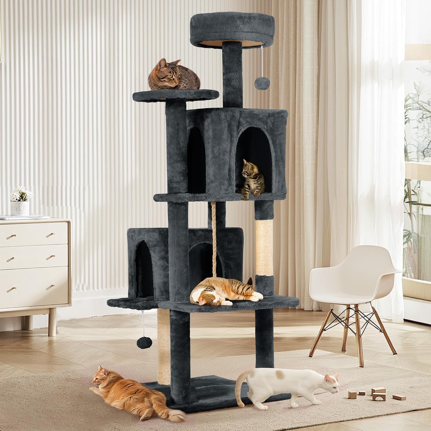 57inch Large Cat Tree Tower Condo for Indoor Cats, Soft Plush Multi-Level Climbing Tree Cat House with Cat Cave, Scratching Post, More Entrance/Exit, Sisal Rope, Grey Black