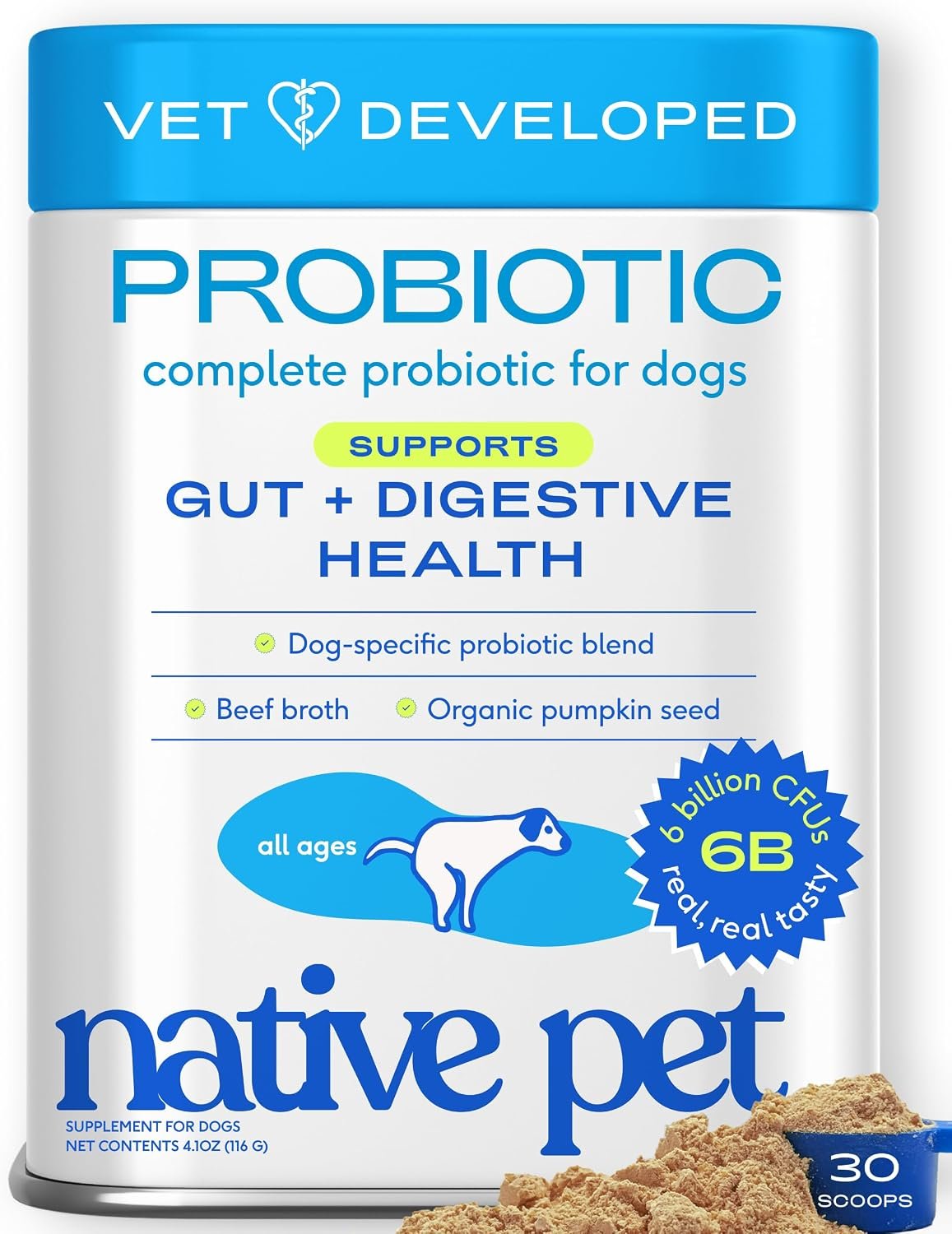 Native Pet Probiotics for Dogs – Dog Probiotic Powder for Gut & Digestive Health, Vet-Formulated 6B CFUs Dog-Specific Probiotic Strains, Supports Stool Quality & Diet Transitions – 30 Scoops