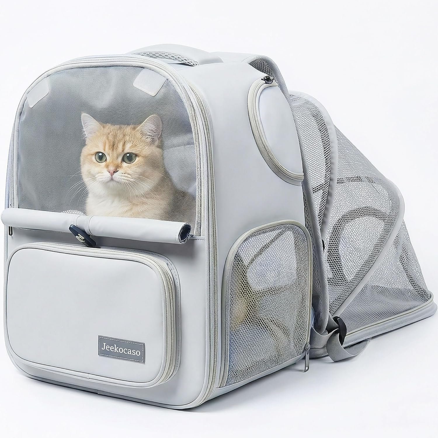 Cat Backpack Carrier Expandable, Breathable Mesh & Lockable Zippers & Shaded Curtains & Multi-Entry, Pet Backpack for Kitty Puppy Small Dogs Up to 18lbs for Travel, Hiking, Car, Vet(Light Grey)