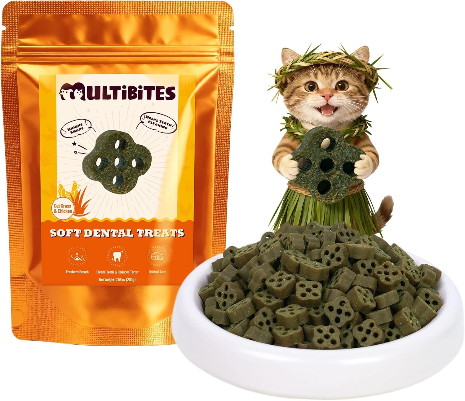 7.05 oz Soft Cat Dental Treats Chicken Flavor & Cat Grass