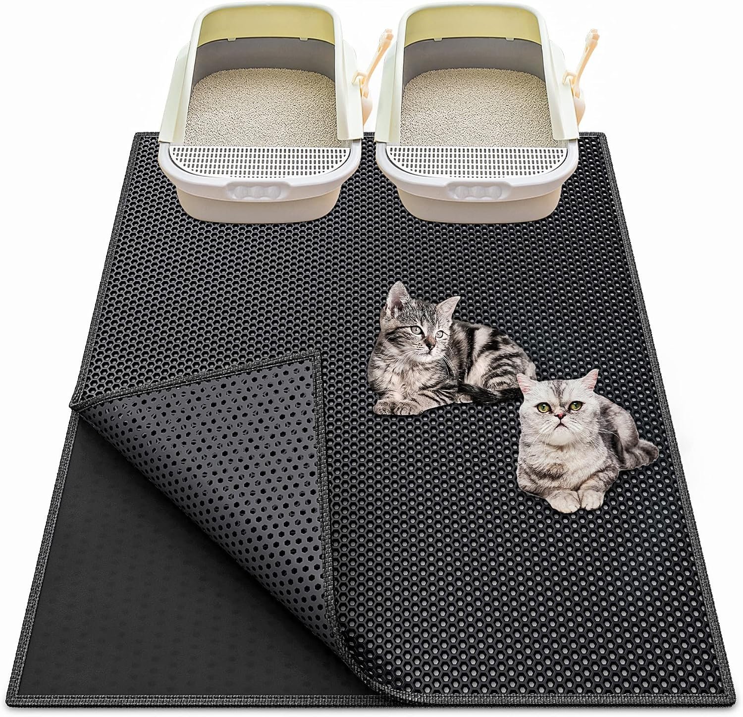 Waretary Cat Litter Mat, 36″x30″, Waterproof, Scatter Control, Black