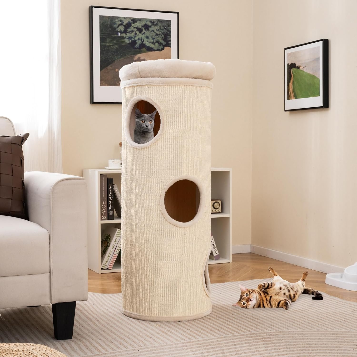 PETSITE 4-Story Cat Tree Condo, 49 Inch Multi-Level Barrel-Shaped Cat House with Sisal Scratching Pad, 3 Hideaways, Removable Soft Top Plush Bed, Ideal for Indoor Cats