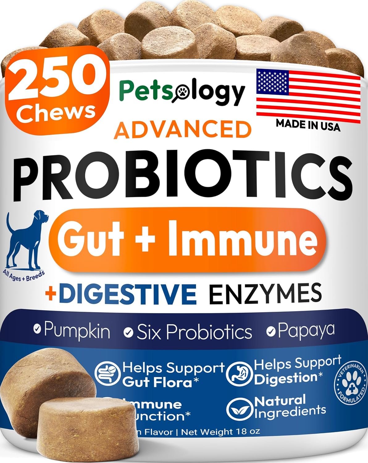 Probiotics for Dogs – 250 Dog Probiotics Chews – Digestive Enzymes Support