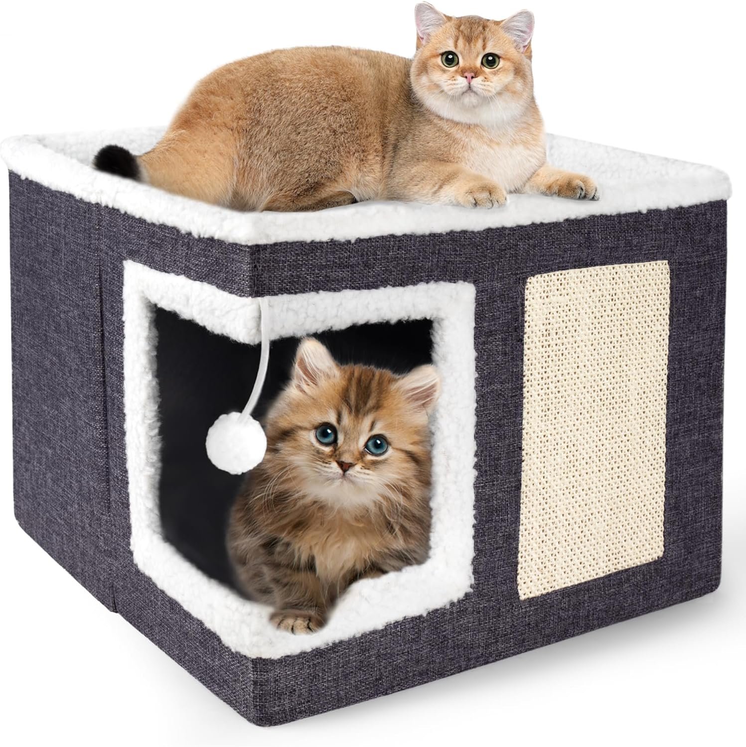 Loyareal Cat Houses for Indoor Cats – Large Cat Bed Cave with Scratch Pad and Fluffy Ball, Foldable Cat Condo Hideaway with Reversible Cushion for Multi Small Pet, Dark Grey