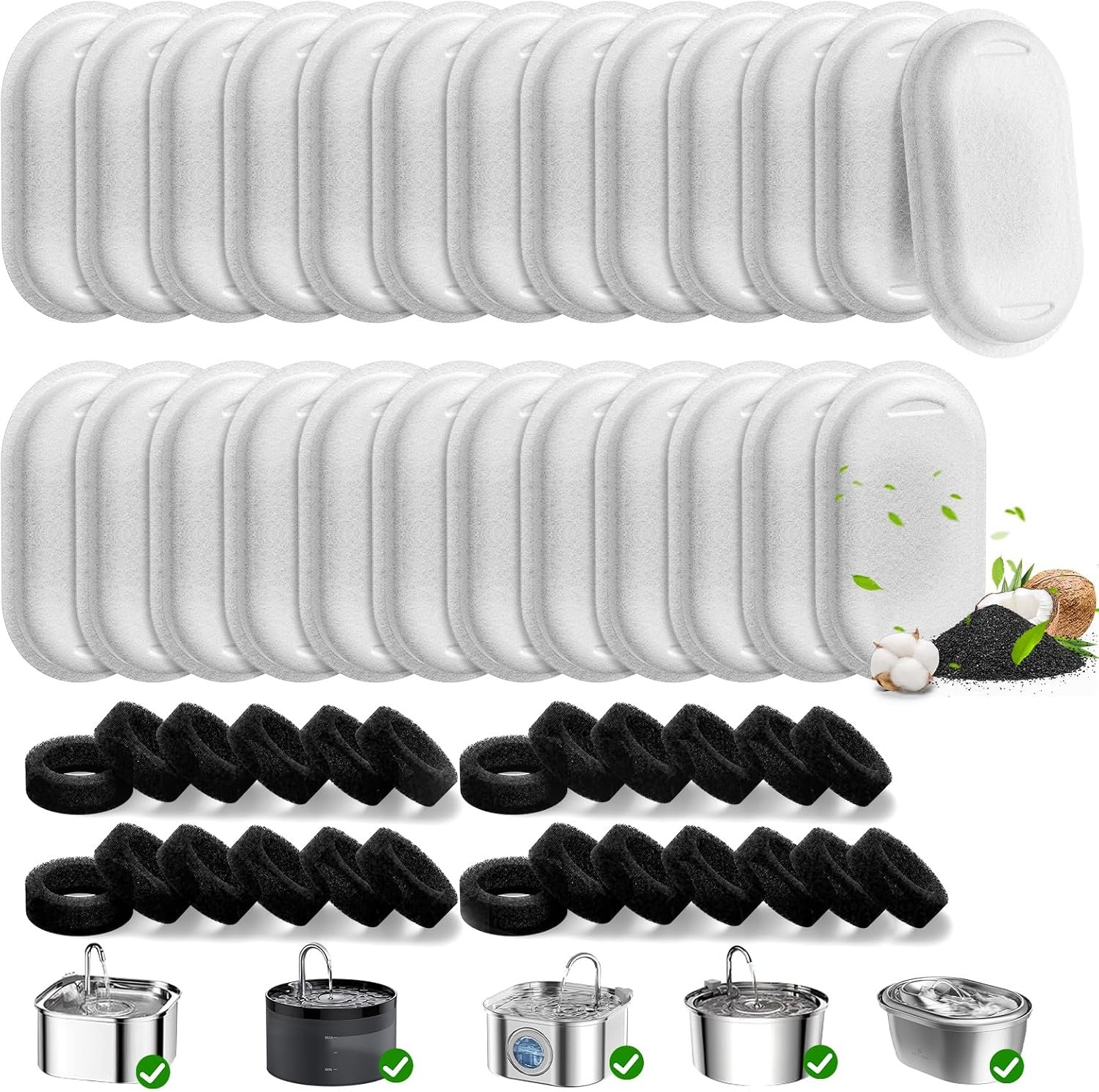 50 Pack Cat Water Fountain Filters for Stainless Steel Pet Water Dispenser | 108/3.2L& 67oz/2L& 4L/135oz Cat/Dog Fountain Filter Replacement(25 Filters & 25 Sponges)