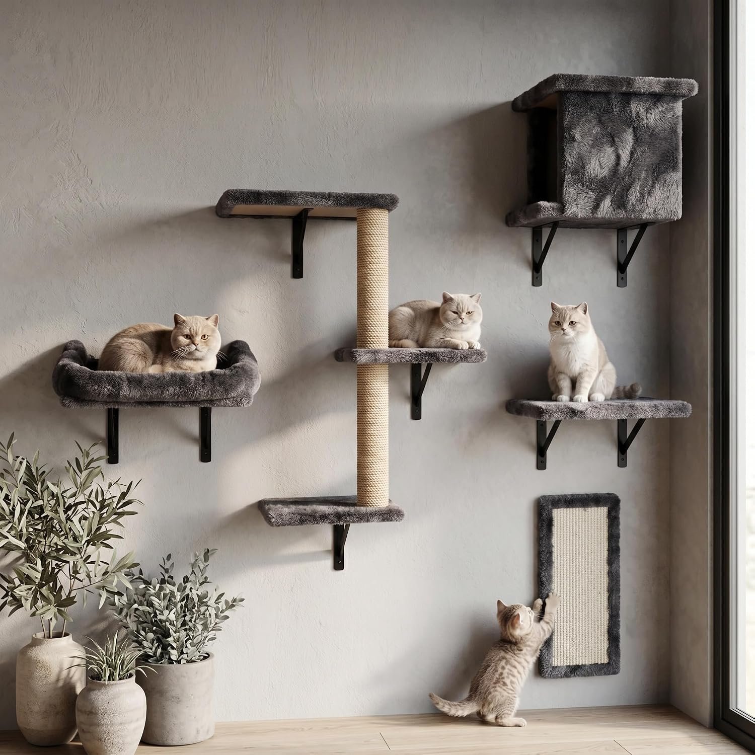 5in1 Cat Wall Shelves, Large Mounted Climbing Tower System for Cats, Modern Shelf for House Corner, Indoor Wooden Hammock Tree Furniture Set with Scratching,Perch, Bed,Ladder,Steps,Bridge
