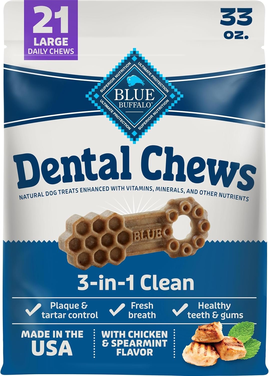 Blue Buffalo Chicken & Spearmint Large Dental Chews, 33 oz, 21 ct