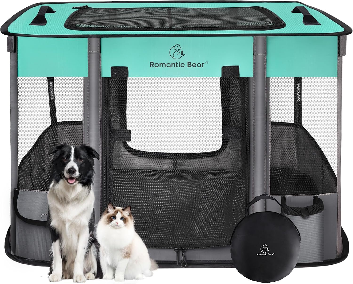 ROMANTIC BEAR Dog Playpen,Foldable Pet Puppy Cat Playpen,L(40″x32″x24″) | Dog Crate with Upgrade Breathable Mesh and Durable 600D Oxford Cloth,Sturdy Dog Cage Indoor & Outdoor for Small Animals,Green