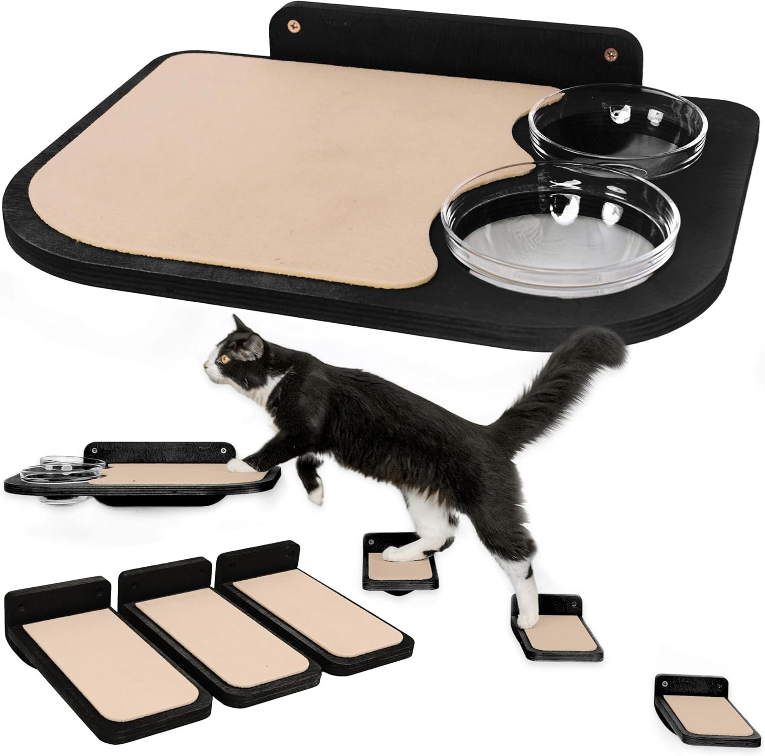 INICIO Cat Shelves – Feeding Shelf with 3 Cat Wall Steps – Natural Wood