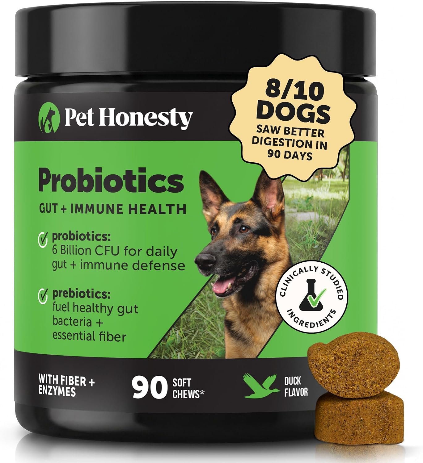 Pet Honesty Dog Probiotics Chews for Gut & Digestive Health, 90ct, Duck