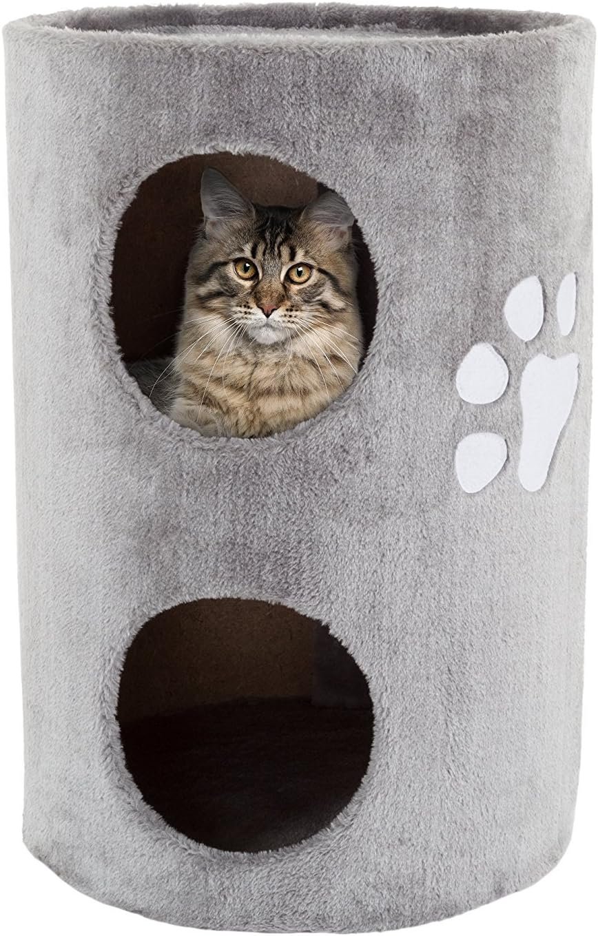 20.5-Inch Cat Condo – 2 Story Cat House with Sisal Scratch Pad, Barrel Shaped Pet House Covered in Soft Fabric by PETMAKER (Gray)