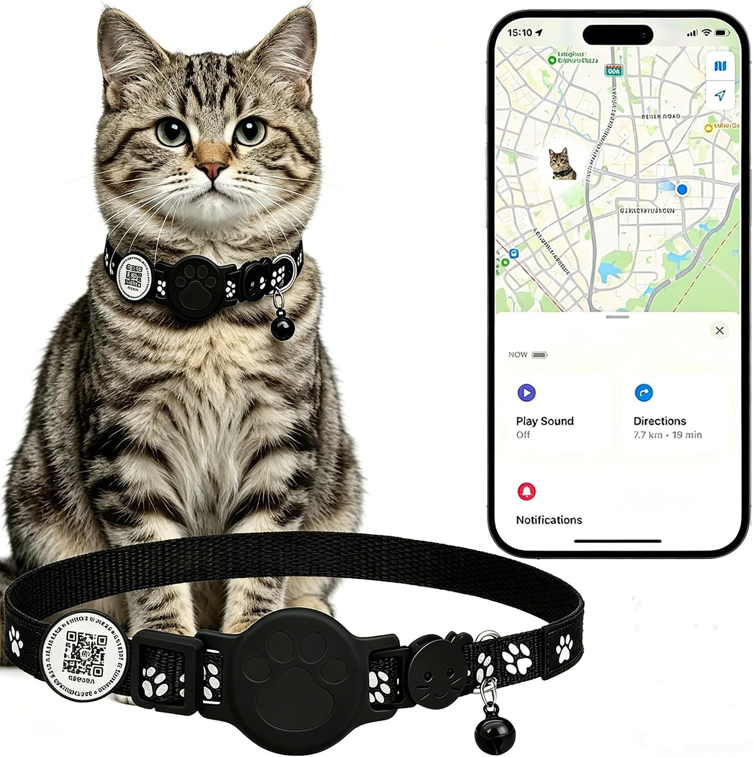 Cat Tracker with QR Code GPS Collar for Cats Electronic Pet Locator Waterproof Compatible with Apple Find My Advanced Tracking Solution Smart Collar Ideal for Small to Large Cats No Monthly Fee