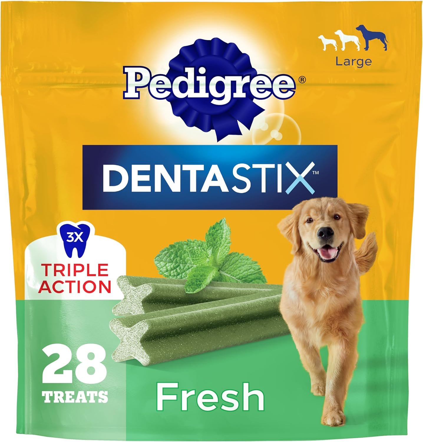 Pedigree Dentastix Large Breed Dental Dog Treats, Fresh, 28 Count | Triple action dental care, reduces tartar, cleans teeth, freshens breath, for dogs 40+ lbs, no added sugar/fillers