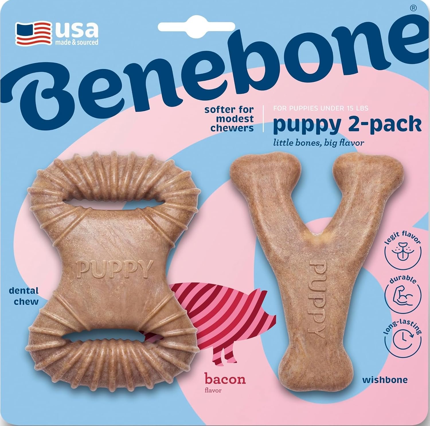 Benebone Puppy 2-Pack Dental Chew/Wishbone Dog Chew Toys, Real Bacon