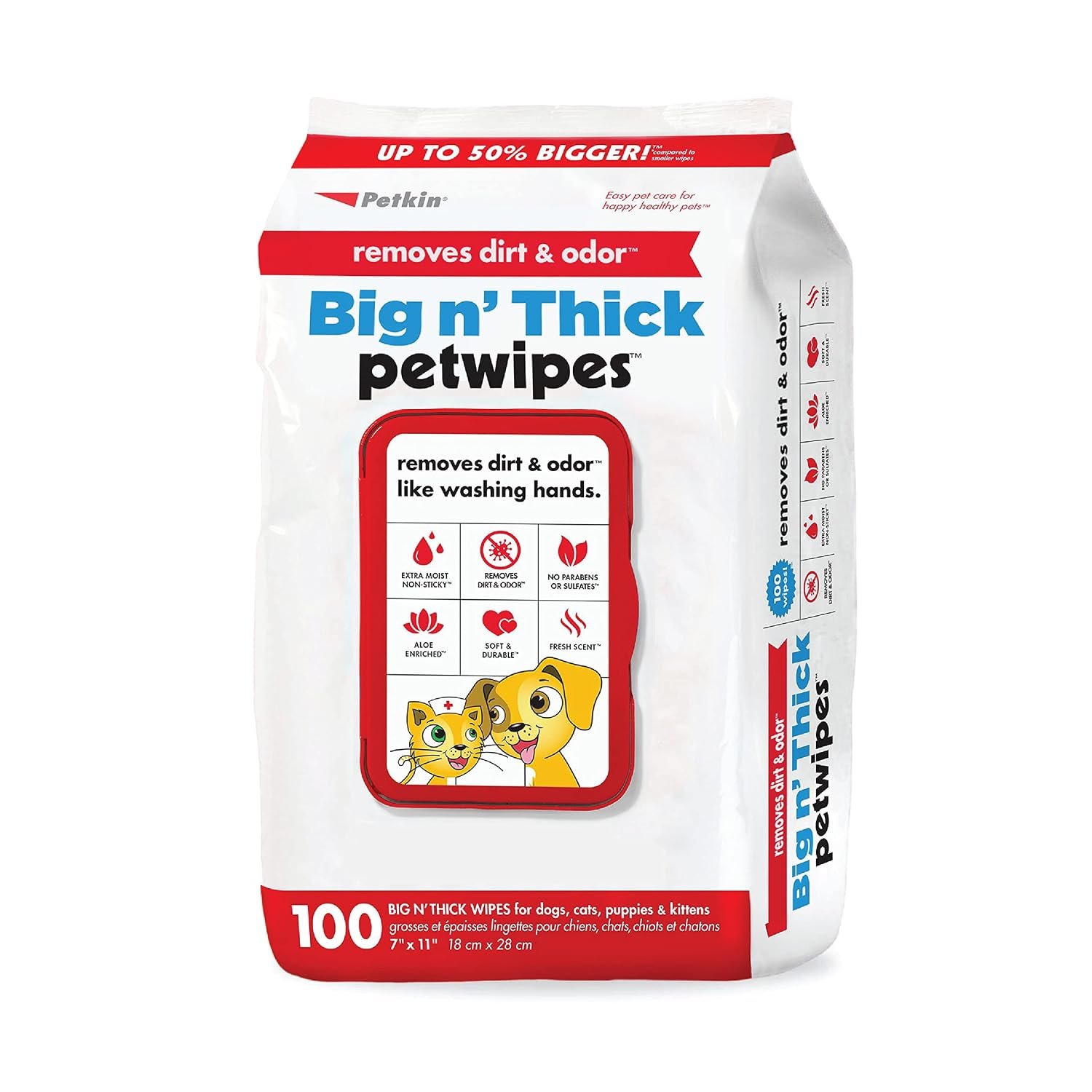 Petkin Pet Wipes for Dogs and Cats, 100 Large Wipes – Removes Dirt & Odor Like Washing Hands – Cleans Ears, Face, Butt, Eye Area – Convenient, Ideal for Home or Travel – 1 Pack of 100 Wipes