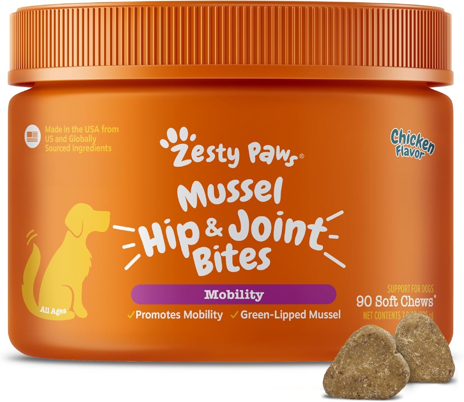 Zesty Paws Mussel Mobility Bites for Dogs – New Zealand Green Lipped Mussel with Natural Glucosamine & Chondroitin + Omega-3 Fatty Acids – Hip & Joint Support Supplement Soft Chews – 90 Count