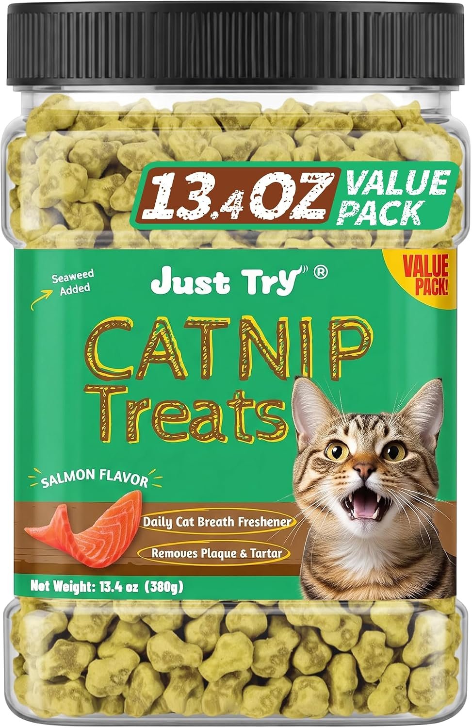 Just Try 13.4 OZ Crunchy Cat Treats Catnip Treats for Cats with Digestive Support, Natural Ingredients Kitten Treats with Real Salmon, Healthy Feline Snacks Training Biscuits Dental Care