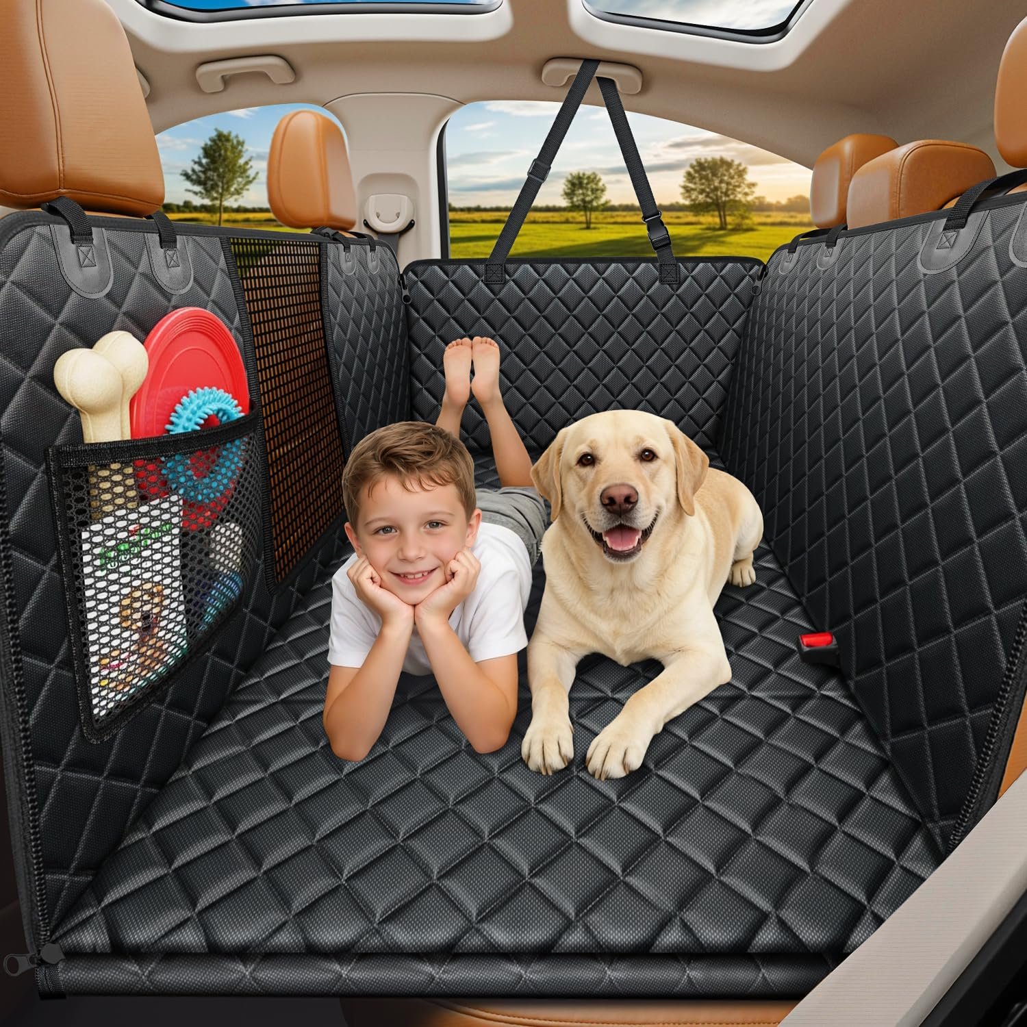 URPOWER Hard Bottom Dog Car Seat Cover, Back Seat Extender for Cars & SUVs | 400 lbs Support, 45% More Space, Waterproof, Mesh Window, Scratch Resistant, Non-Slip, Easy Care