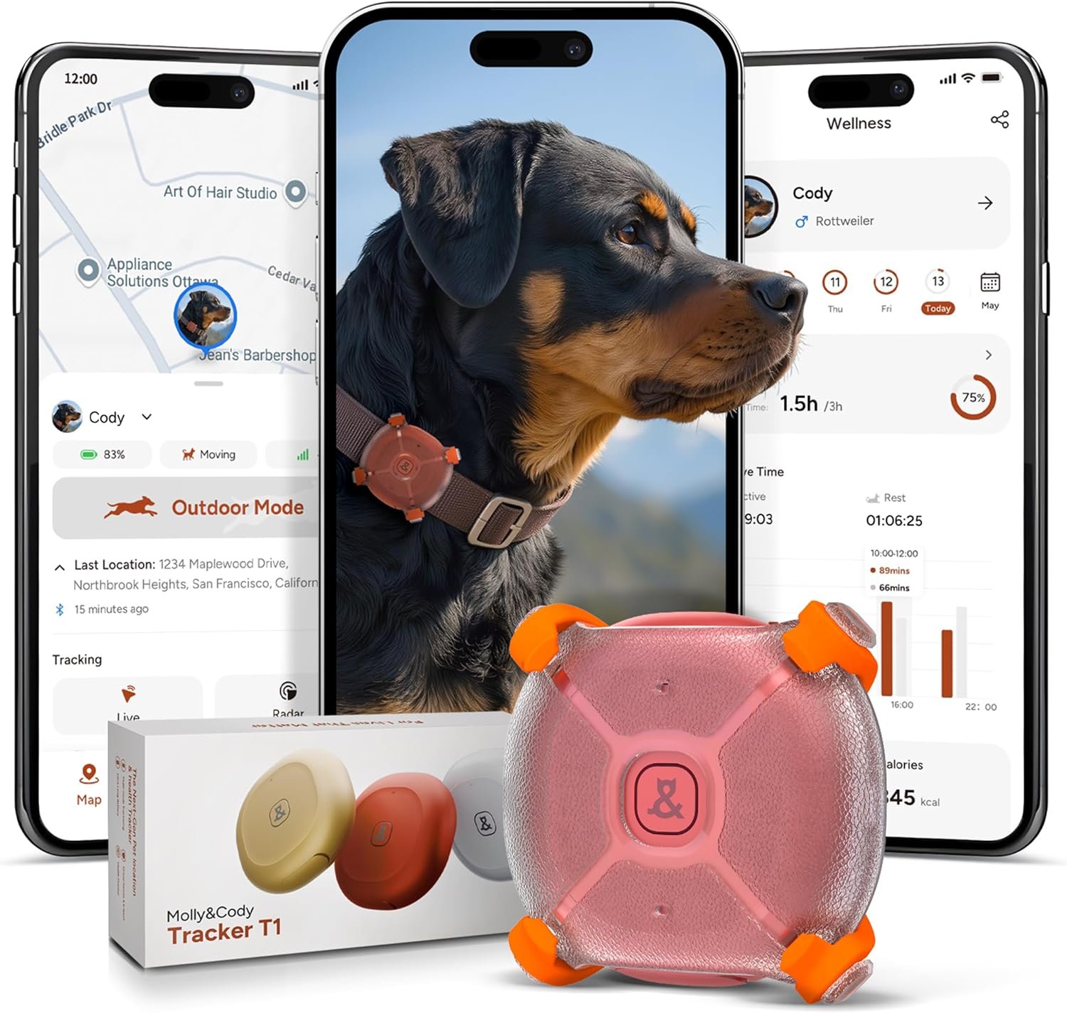 Molly&Cody Smart Dog & Cat GPS Tracker, 4 Smart Modes Real-Time Pet Tracker with Custom Virtual Fence IP67 Waterproof Location History & 365-Day Health Data Monitoring, Subscription Required