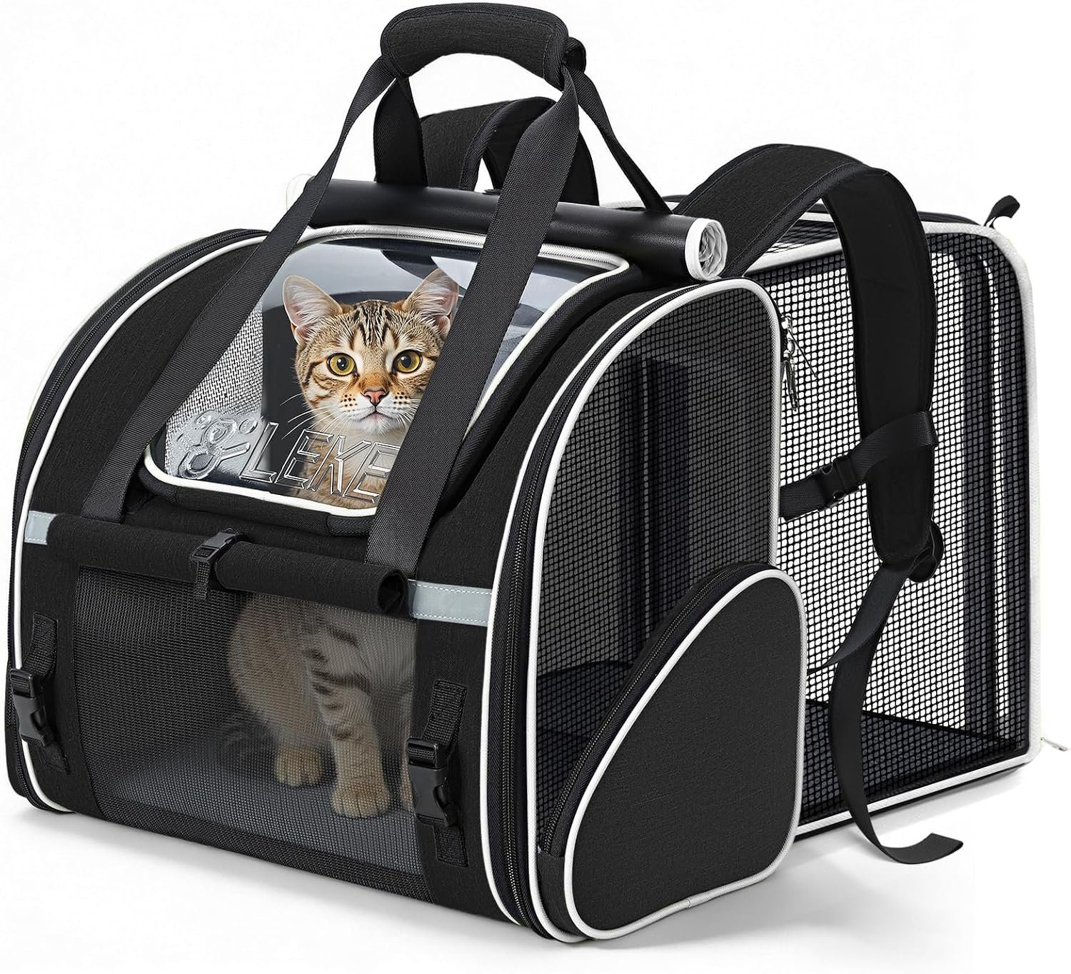 Lekereise Expandable Cat Backpack Carrier for Cats and Small Dogs up to 18 lbs, Widened Interior with 30% More Bottom Space, Rear Expansion up to 80% More Space, Breathable Mesh, Sun Shade, Black