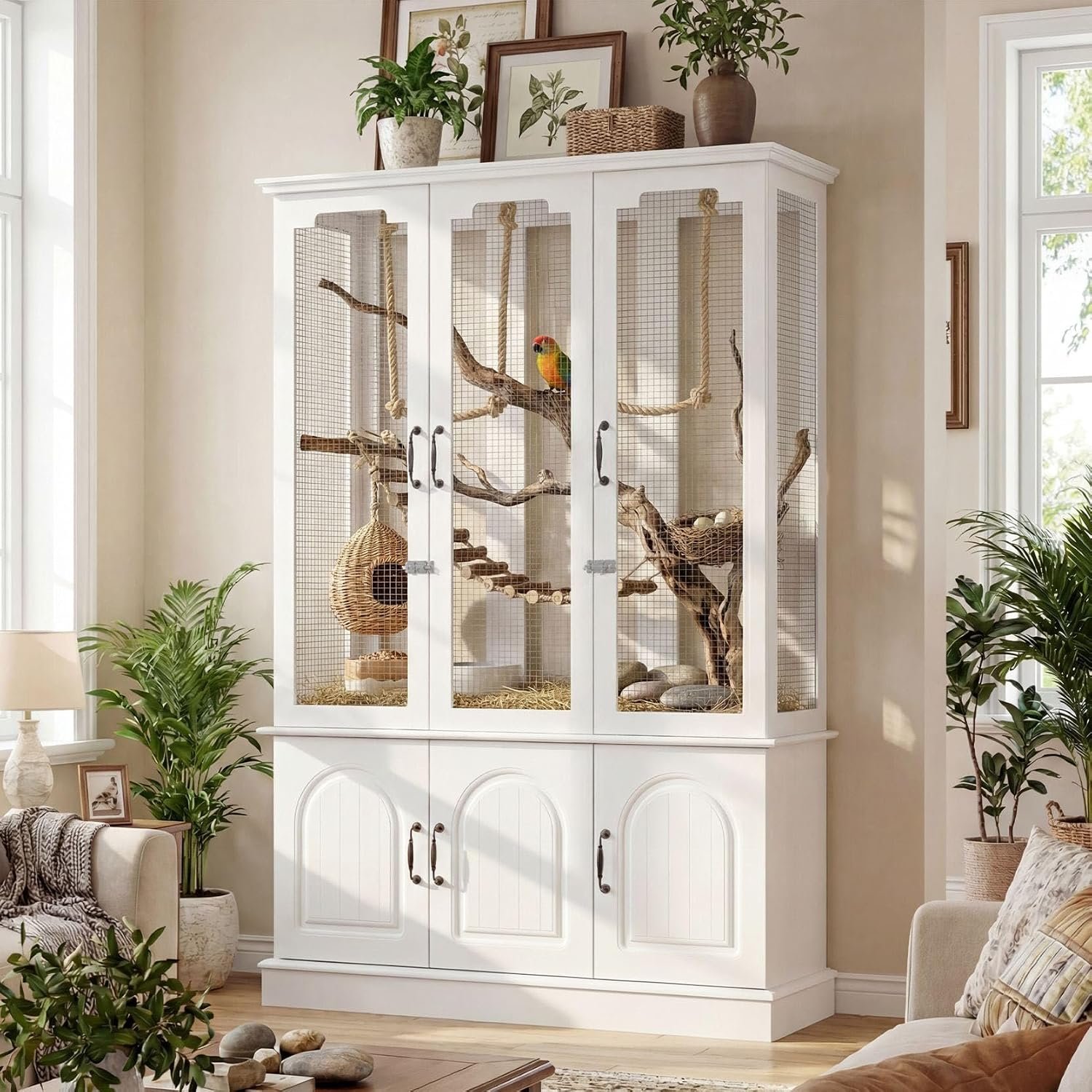 70.8″ Tall Large White Parakeet Bird Cage with Storage Cabinet