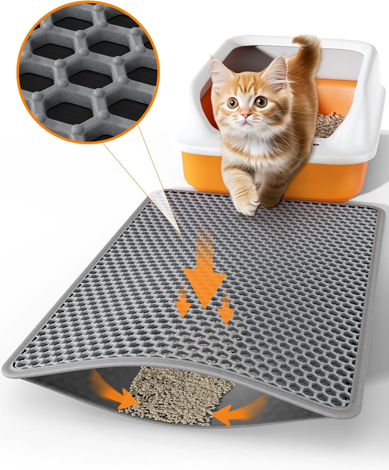 Powools Cat Litter Mat, Double-Layer, 23.2 x 14.6 in, Urine-Proof, Grey