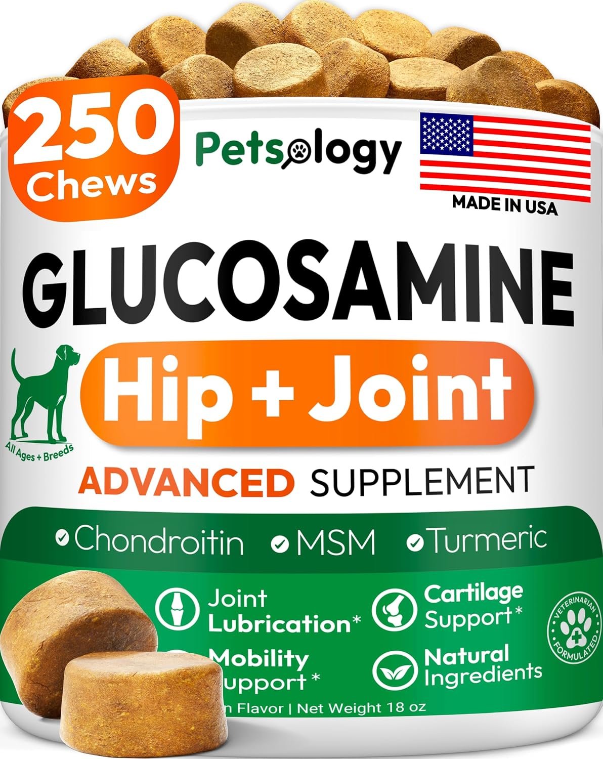 Glucosamine for Dogs – 250 Chews with Chondroitin, Hip and Joint Supplement