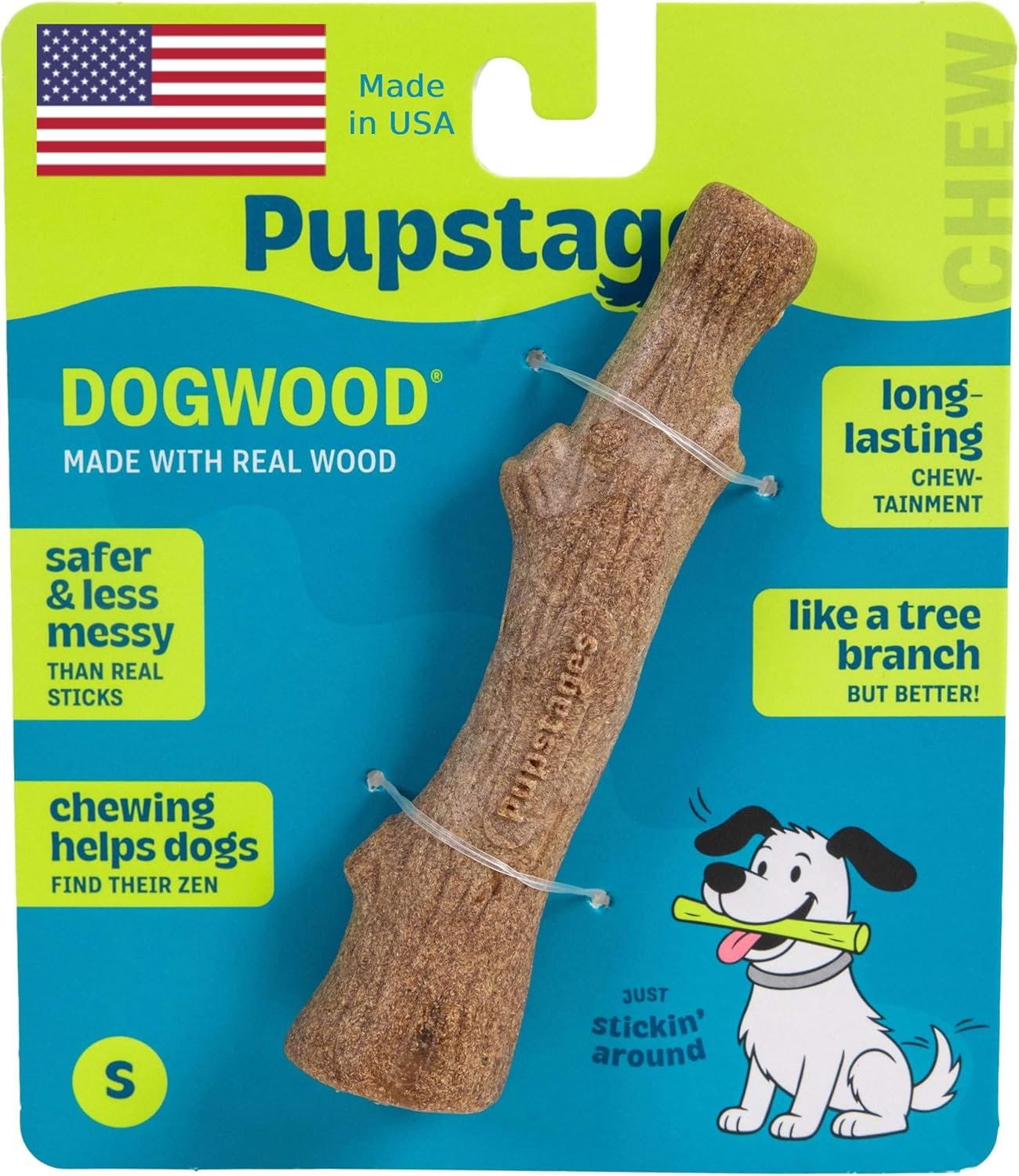 Pupstages Dogwood Stick Dog Chew Toy, Made in USA, Small, 5.4″ | Real-Wood Blend, Natural Wood Flavor, No Nylon, Dishwasher-Safe, Moderate Chewers, Small Dogs (6-25 lbs)