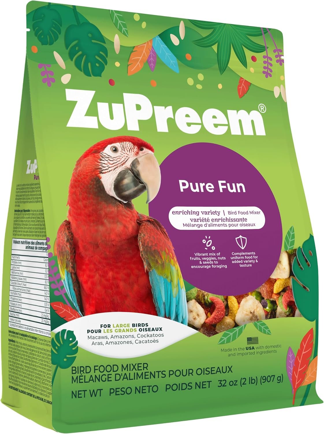 ZuPreem Pure Fun, Cockatoo & Macaw Food, Bird Food Mixer, Large, 2 lbs