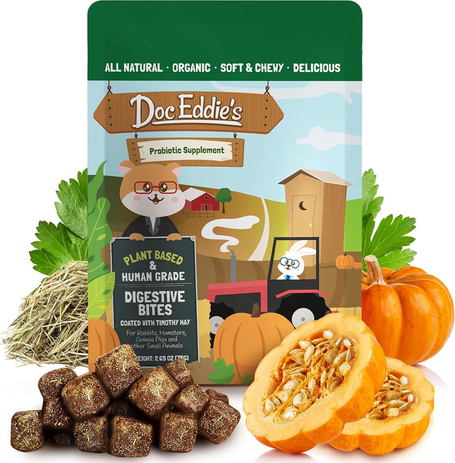 DOC EDDIE’S Digestive Bites – Plant-Based Small Animal Treats for Rabbits, Guinea Pigs, Hamsters, Gerbils, and More – Probiotics Supplement Made with Timothy Hay, Real Fruits, and Veggies