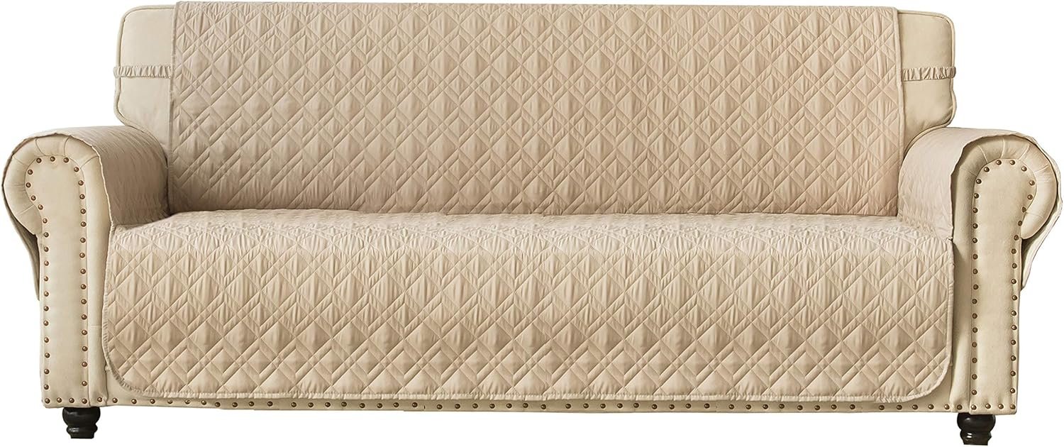 Ameritex Couch Sofa Slipcover 100% Waterproof Nonslip Quilted Furniture Protector for Dogs, Children, Pets, Machine Washable (Beige, 68″)