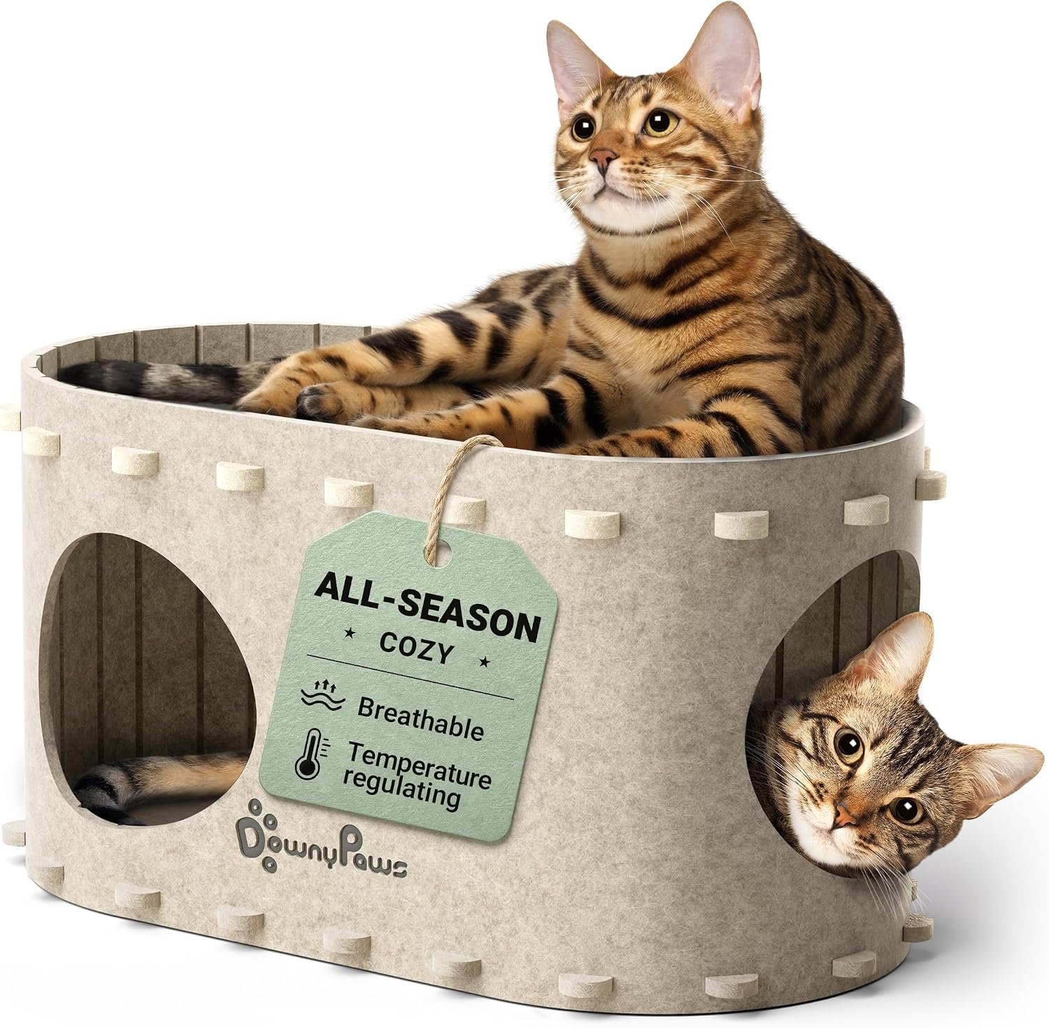 DownyPaws Cat House for Indoor Cats, Peekaboo Cat Bed Cave, Cream