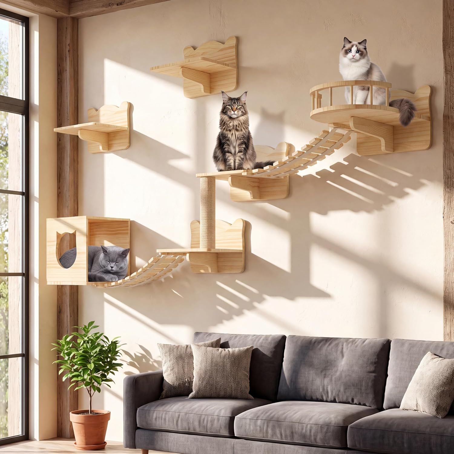 Cat Wall Shelves, 9-in-1 Wood Cat Wall Furniture Set, Burlywood