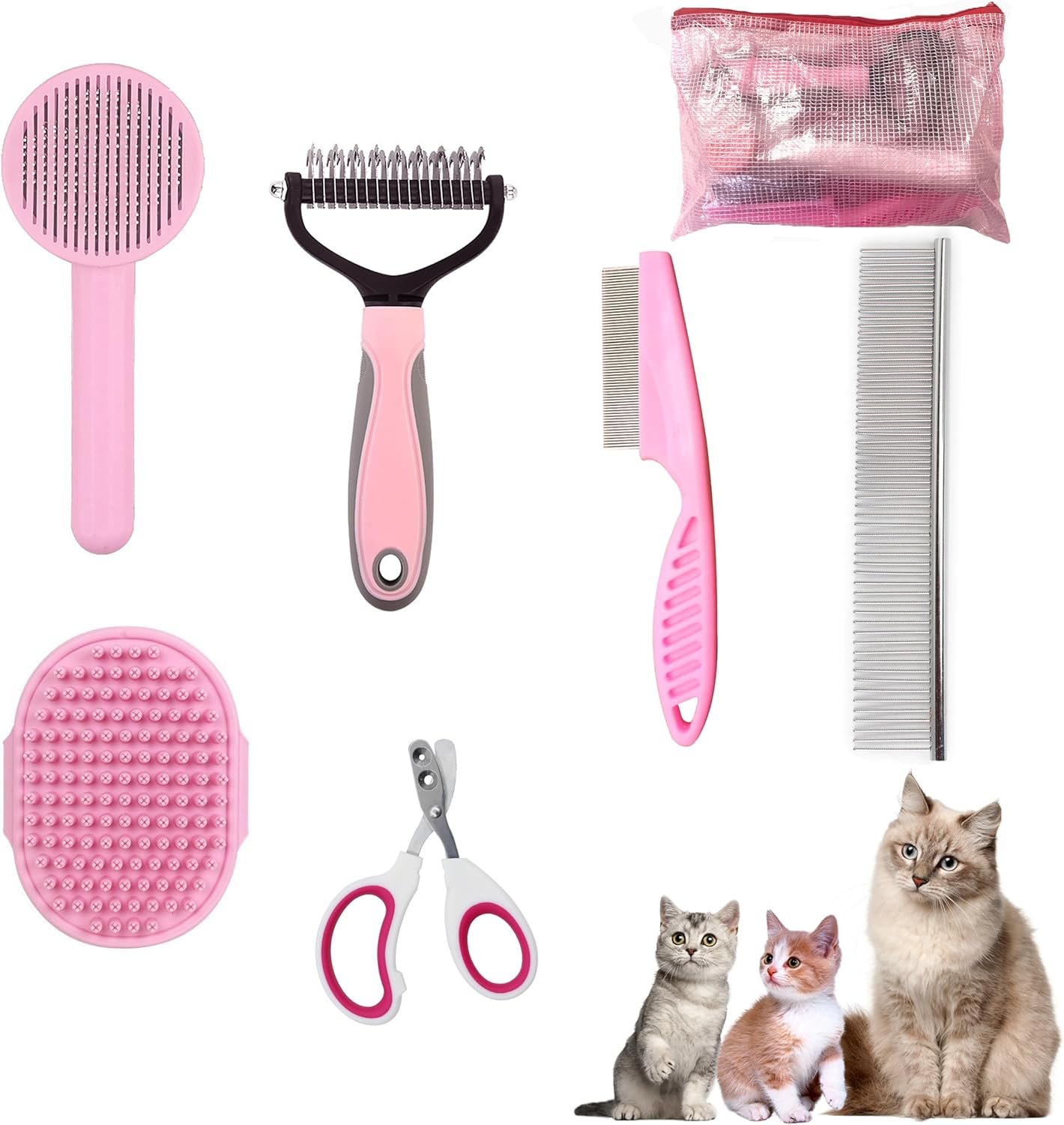 Cat Grooming Brush Kit 6 Tools – Deshedding & Dematting for Long/Short Hair, Self-Cleaning Slicker Brush with 6-in-1 Flea Comb for Cats & Kittens (Pink)