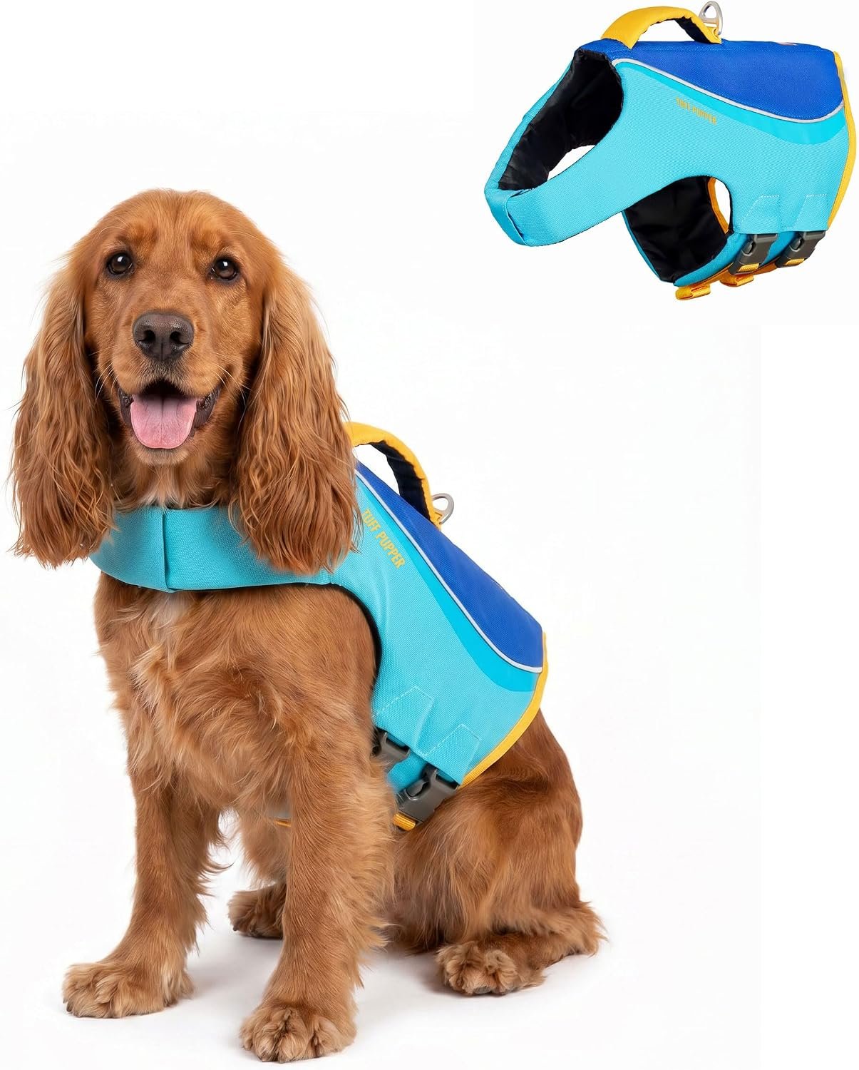 Tuff Pupper Dog Life Jacket | High Buoyancy Dog Swim Vest with Rescue Handle | Adjustable Secure Fit | Reflective Safety Trim | Pet Flotation Jacket for Swimming Boating Kayaking (Blue/Yellow, S)