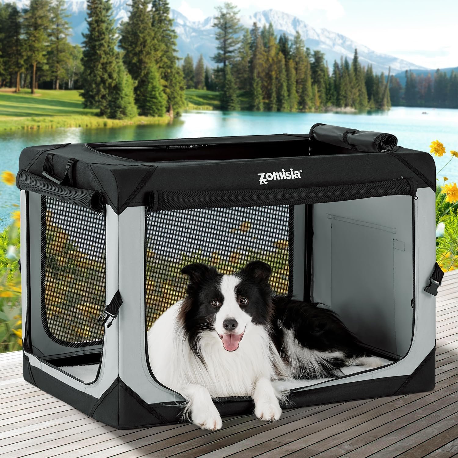 ZOMISIA 36 Inch Collapsible Dog Crate for Large Dogs, Travel Dog Crate Grey
