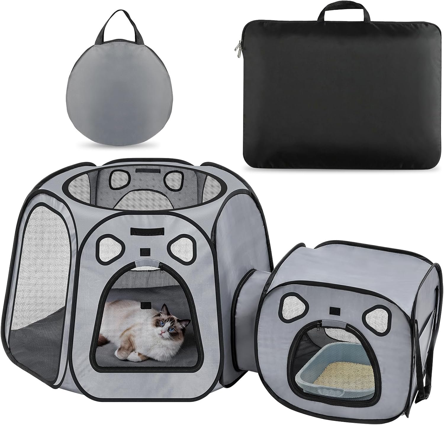 Cat Playpen with Separate Litter Box Area, Large Foldable Waterproof Cat Tent – 600D Oxford, Portable Indoor/Outdoor Pet Enclosure, Cage, House & Condos with Carrybag for Kittens, Small Dogs