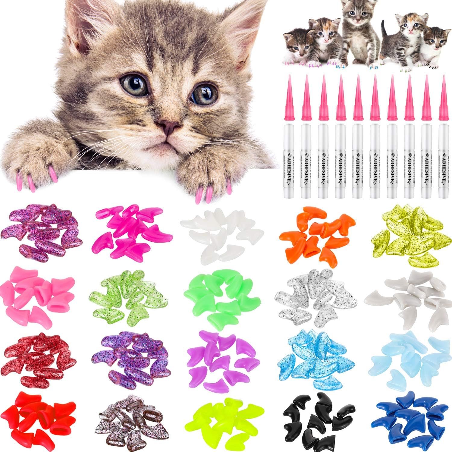 WILLBOND 200 Pcs Cat Claw Caps, 20 Colors, 10 Adhesive Glues 10 Applicators
