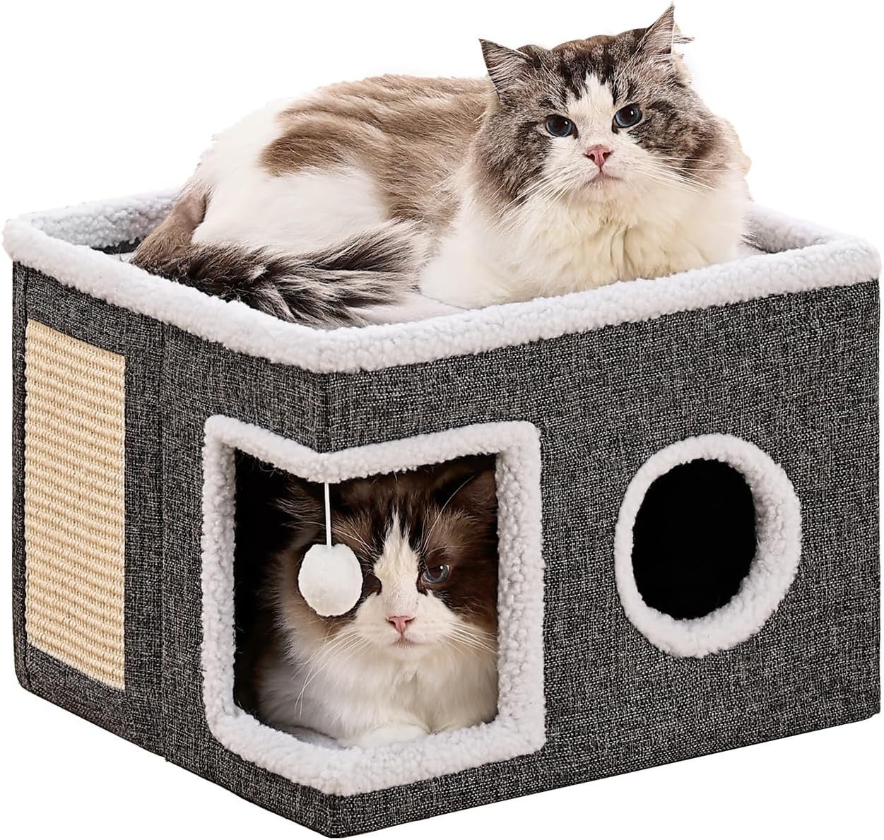 Large Cat Houses for Indoor Cats with Fluffy Ball and Scratch Pad
