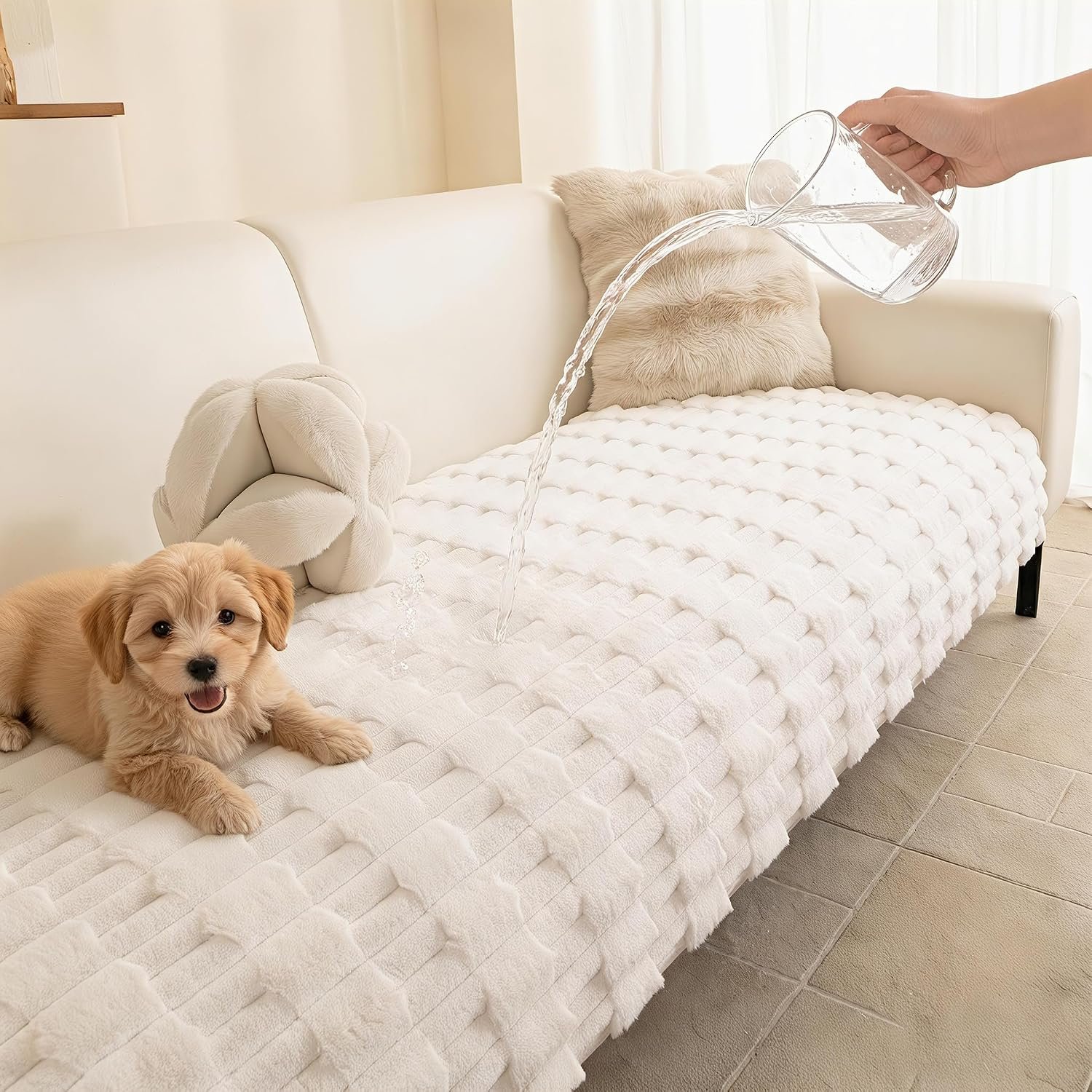 MYSKY HOME 100% Waterproof Couch Cover for Dogs, Plush Pet Couch Covers for Sofa Washable, Couch Covers for 2 Cushion Sofa Pet Friendly, Non-Slip Durable Sofa Cover Slipcover Protector, Cream, 35″x63″