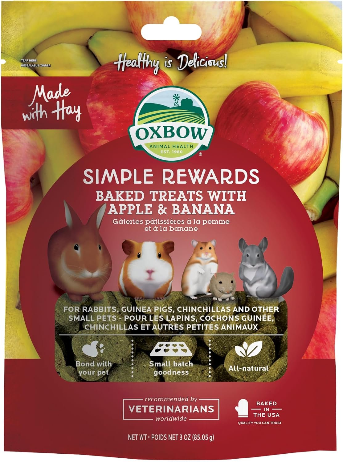 Oxbow Simple Rewards Guinea Pig & Rabbit Treats, Apple Banana, Baked, 3 oz