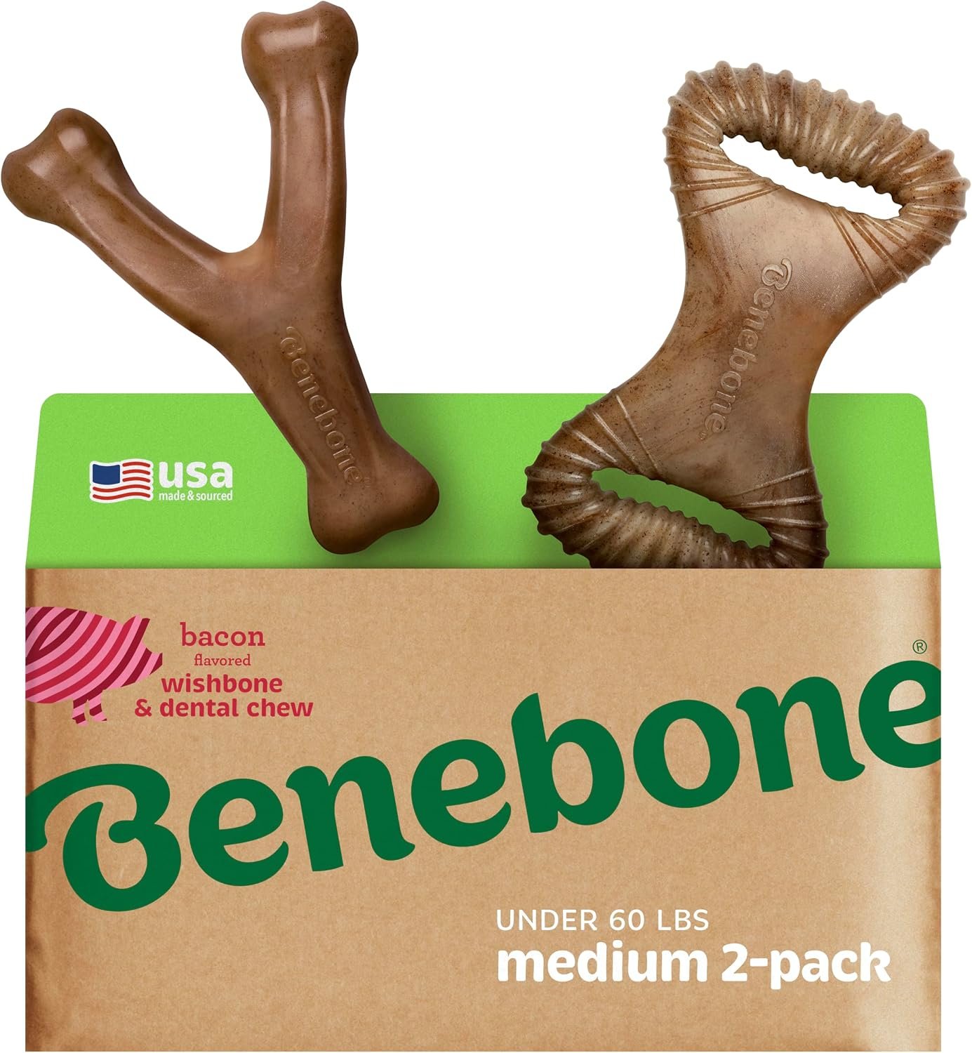Benebone 2-pack Wishbone/Dental Durable Dog Chew Toys, Real Bacon, Medium