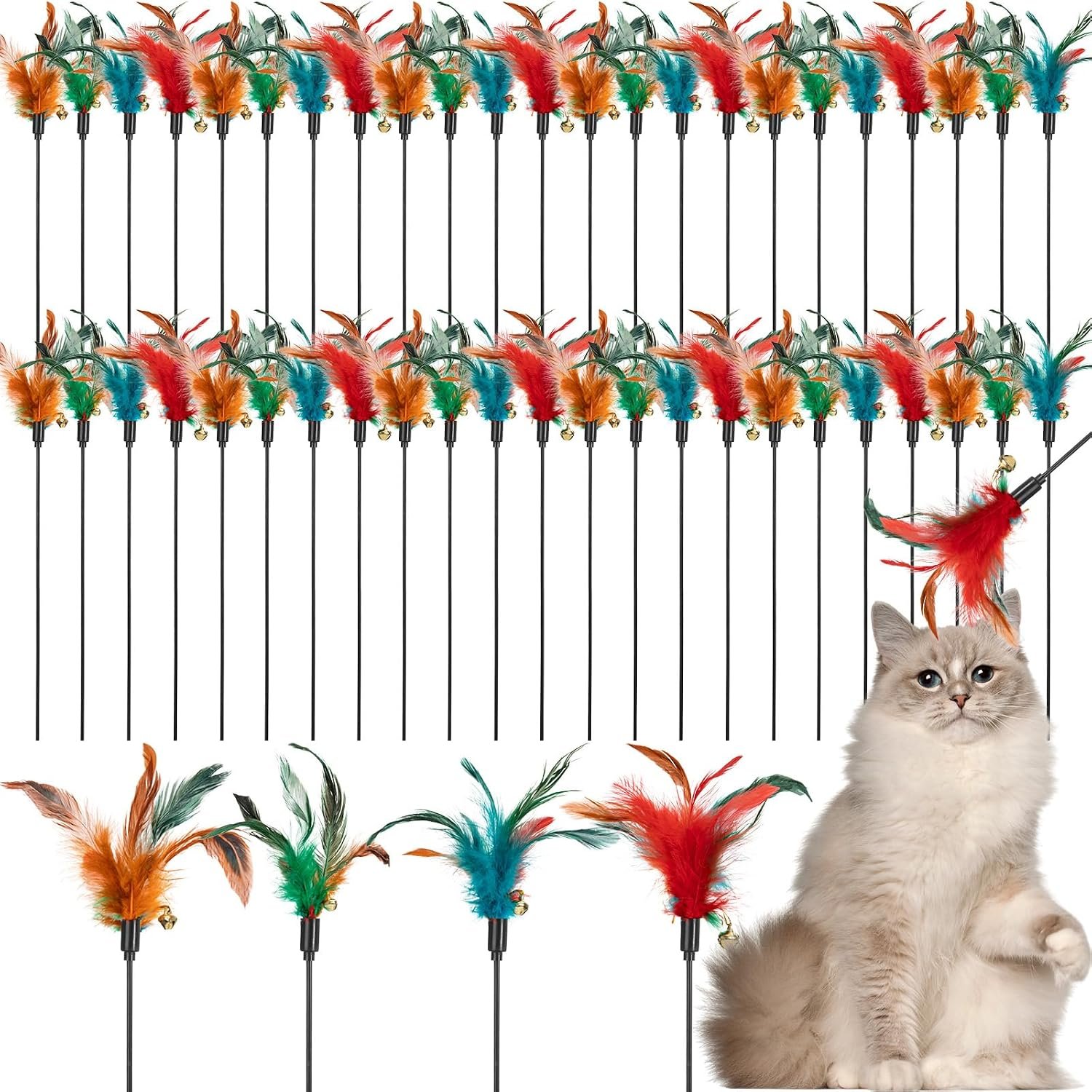 Leitee 50 Pcs Cat Feather Toy Wand Bulk Interactive Stick, Multi-Color